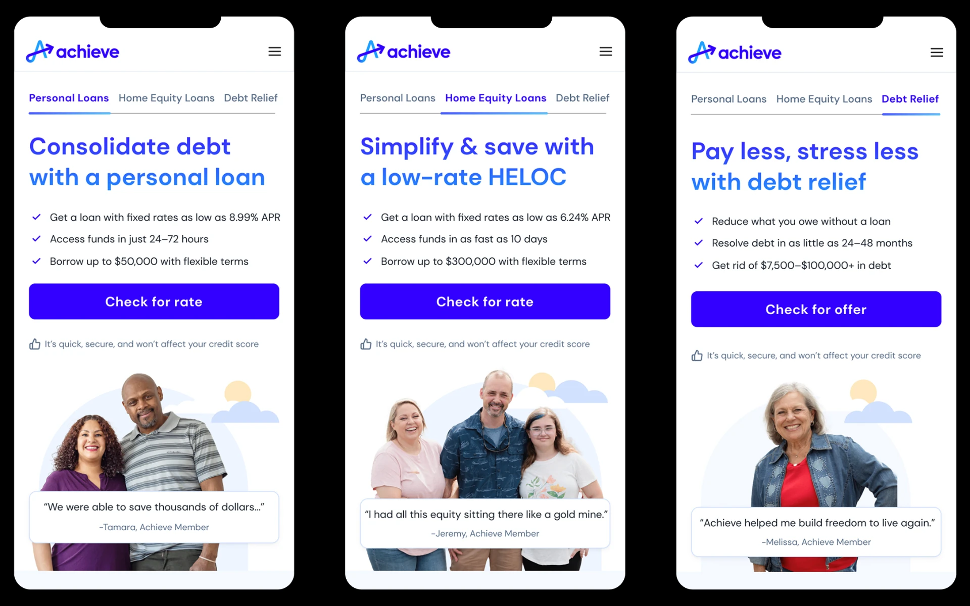 Homepage variants for personal loans, home equity and debt relief