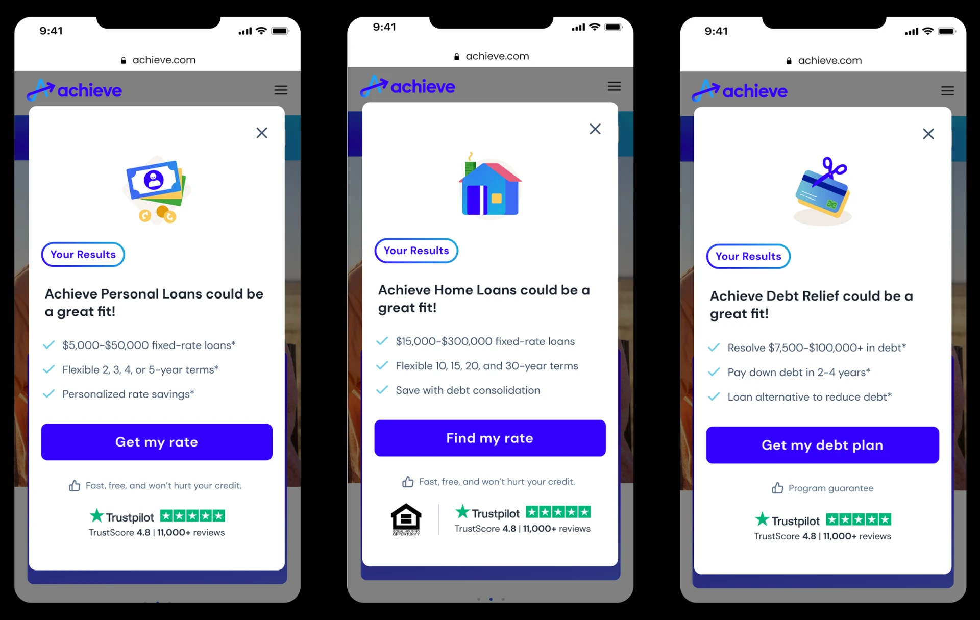 Personalized result cards for personal loans, home loans and debt relief