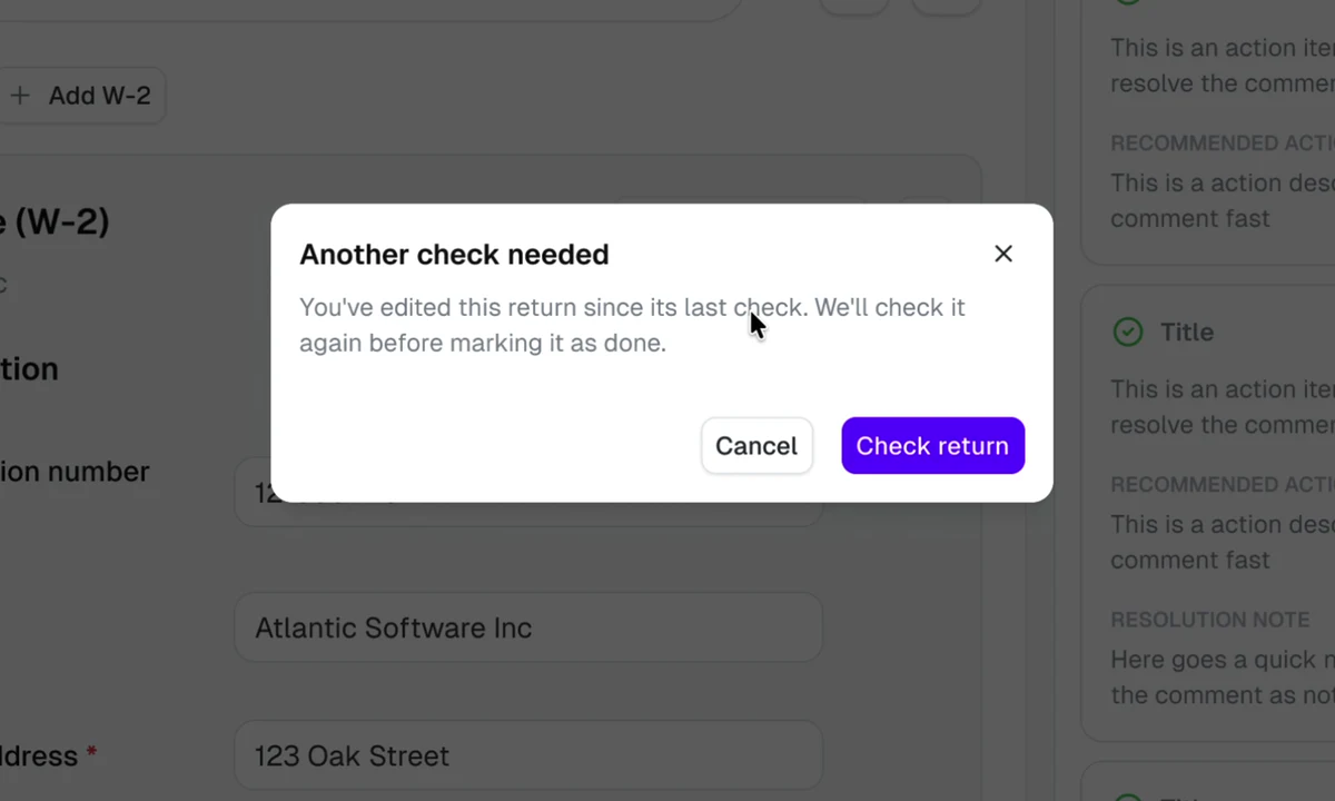 Dialog: Another check needed. You've edited this return since its last check.
