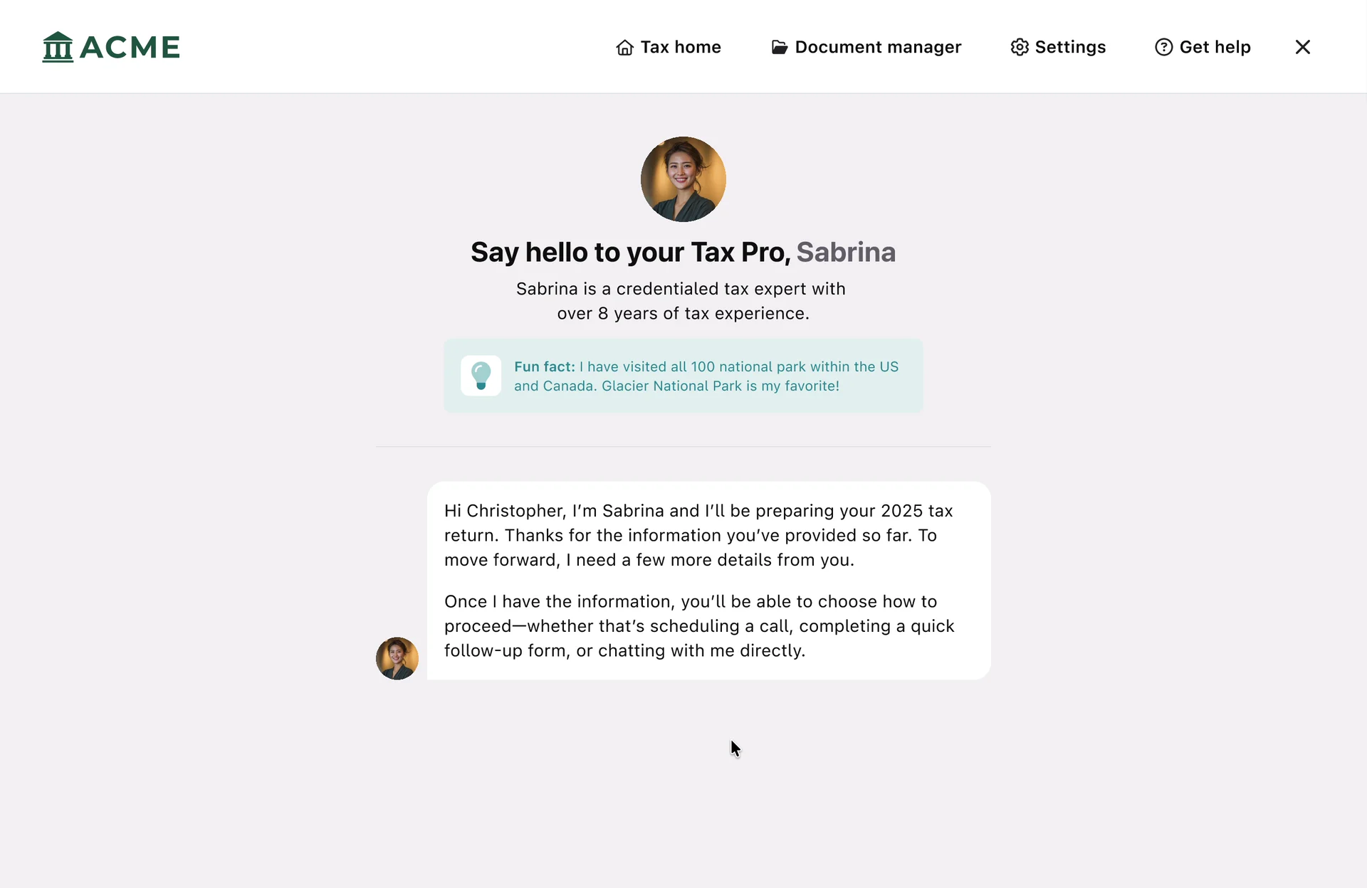 Say hello to your Tax Pro, Sabrina, with a short intro message