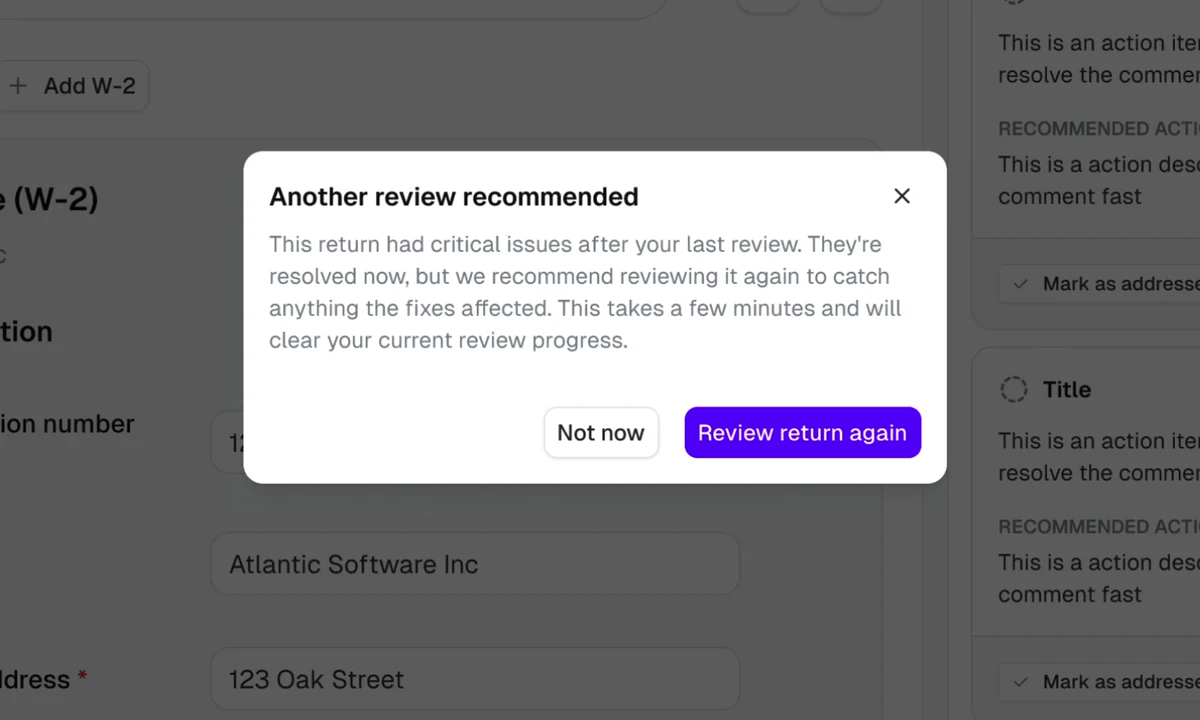 Dialog: Another review recommended. This return had critical issues after your last review.