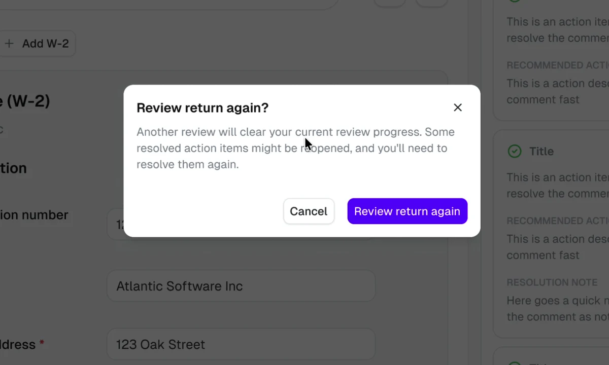 Dialog: Review return again? Another review will clear your current review progress.