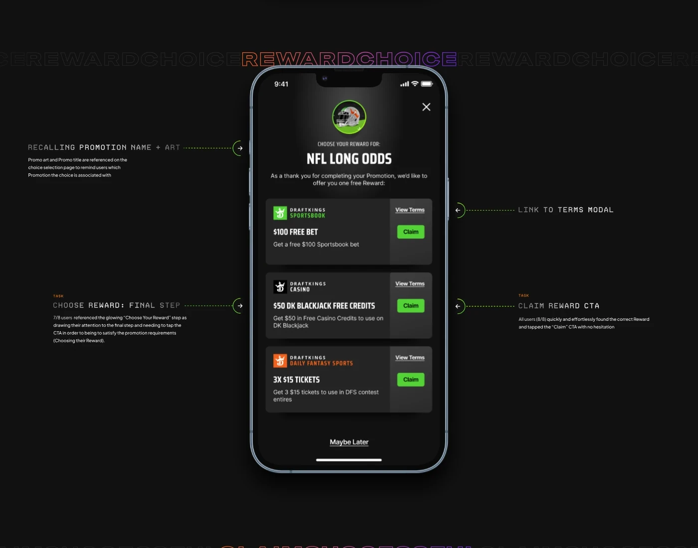 The reward choice screen: a free bet, casino credits or DFS tickets