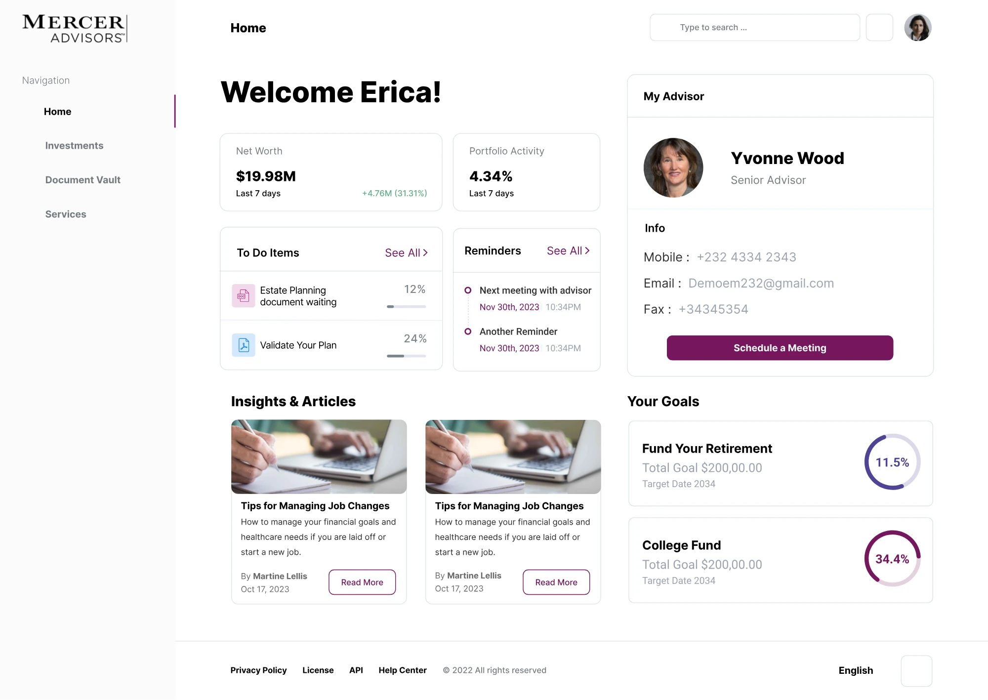 Exploratory wireframe of the client home